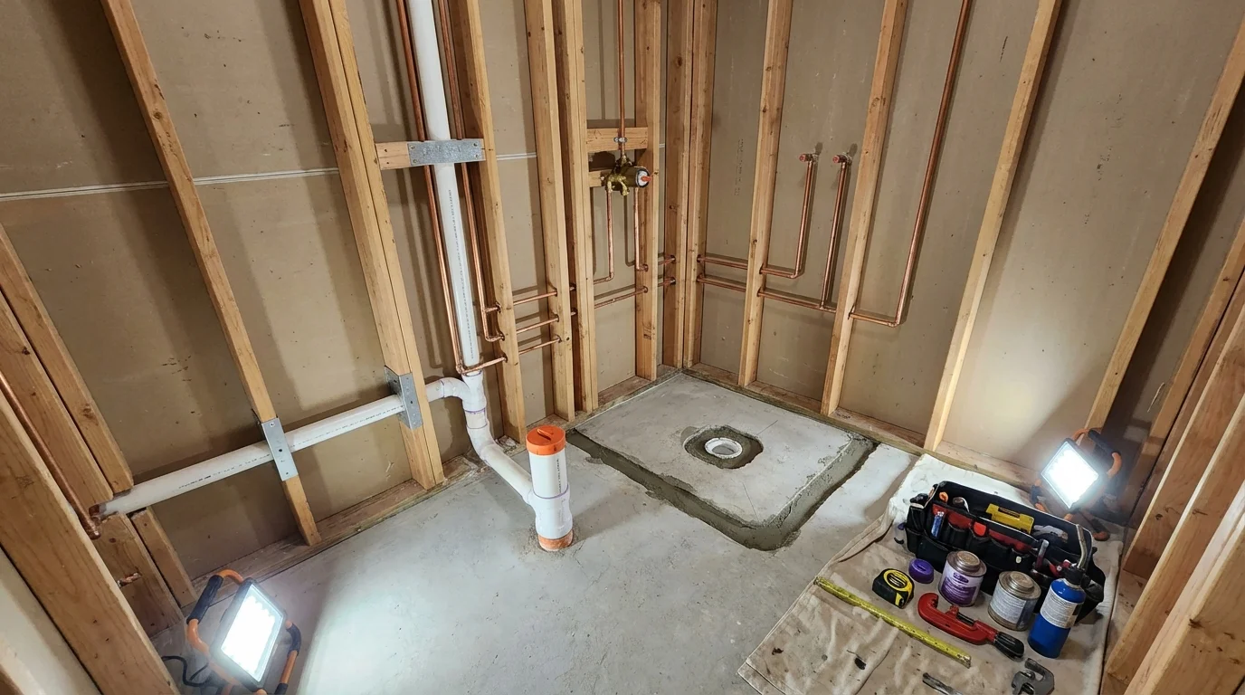 Bathroom rough-in plumbing during remodel by Johns Plumbing LLC in Clairton