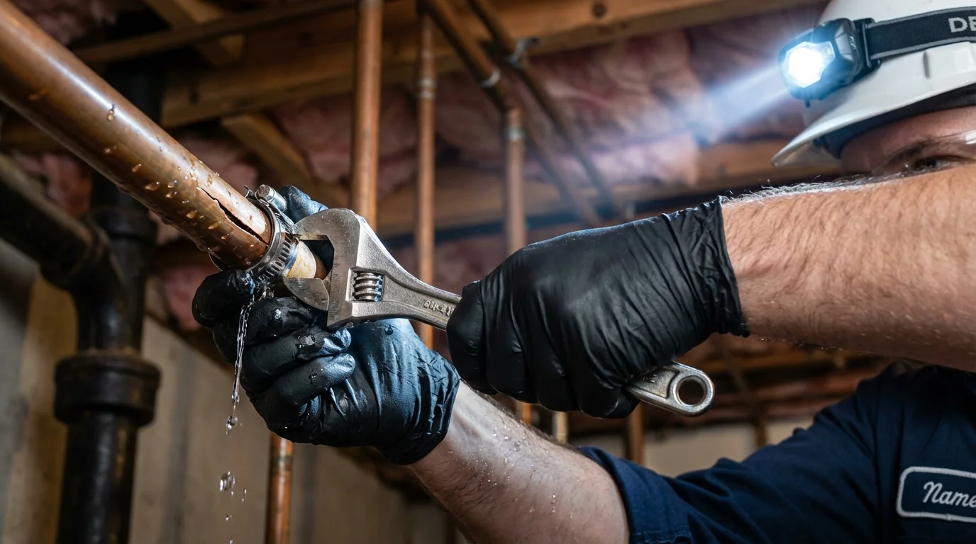 Emergency pipe clamp repair being performed by a Johns Plumbing LLC plumber in Clairton